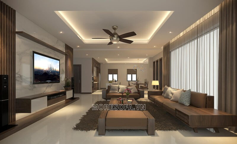 Thiết kế nội thất phòng khách hiện đại bằng gỗ cho nhà phố, nhà biệt thự