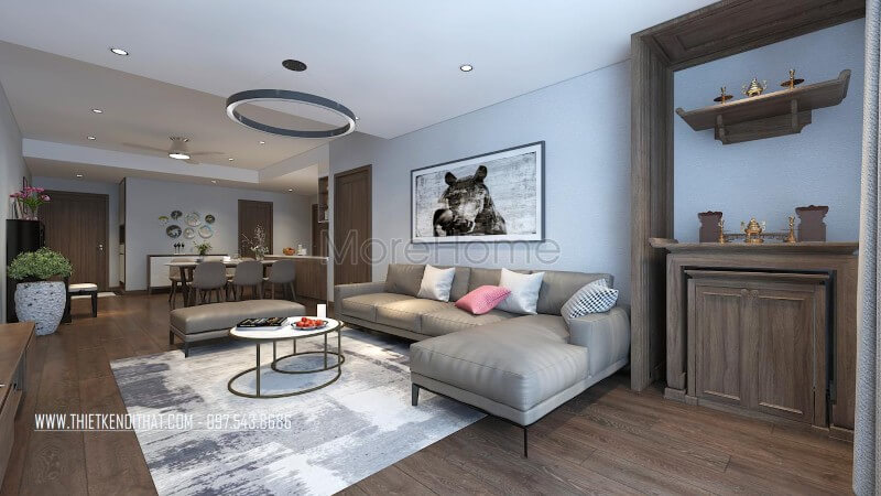 Thiết kế nội thất phòng khách chung cư hiện đại với những mẫu đồ nội thất đơn giản, đa năng và có gam màu nhẹ nhàng, tươi sáng