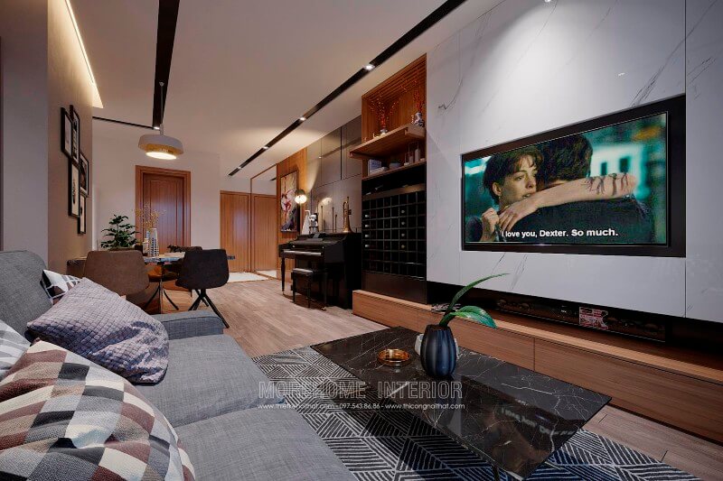 Nội thất phòng khách gỗ công nghiệp, toàn bộ nội thất được thiết kế tối giản tập trung vào công năng sử dụng, mang đến cho gia chủ một không gian sống tràn đầy hứng khởi và mới lạ