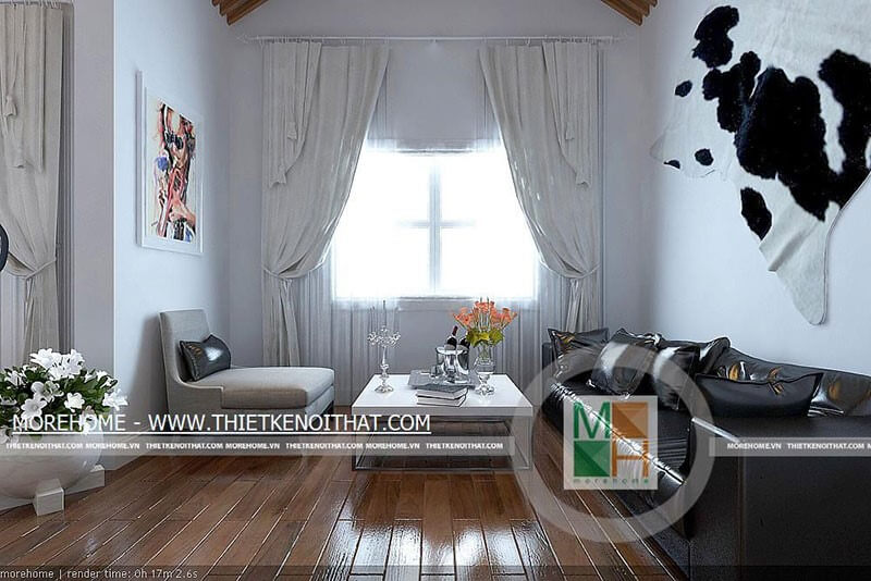 Thiết kế nội thất phòng khách hiện đại với tone màu trắng đen ấn tượng và sang trọng