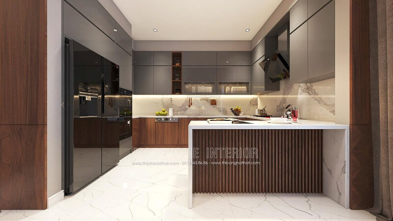 Bố trí nội thất phòng bếp đẹp từ gỗ công nghiệp cao cấp kết hợp cùng đá ốp bếp sang trọng. Thiết kế nội thất