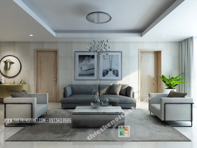 Phòng khách chung cư đẹp với bộ sofa vải màu xám và trắng mang đến vẻ đẹp đơn giản, tinh tế cho căn phòng. “Thiết