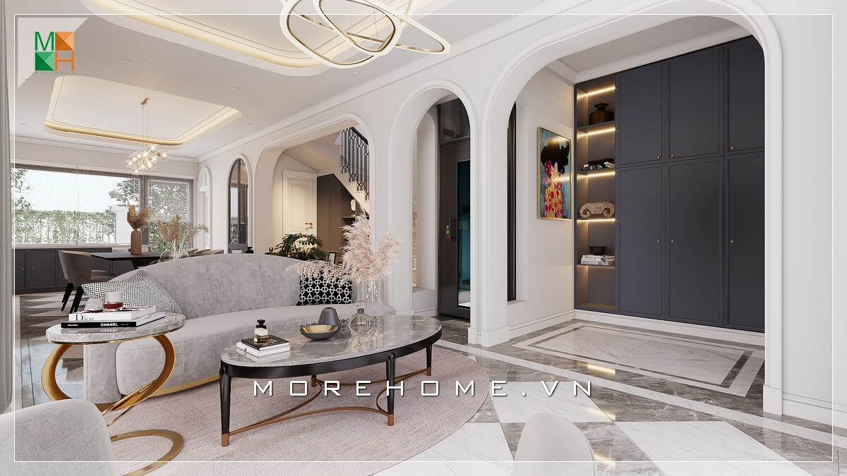 Morehome xin giới thiệu với bạn một mẫu phòng khách với nội thất thiết kế ấn tượng, phá cách với những đường nét uốn lượn mềm mại, phù hợp với không gian kiến trúc tân cổ điển Thu hút bởi các mẫu bố trí phòng khách đa phong cách