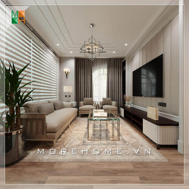 Morehome gợi ý cho bạn mẫu thiết kế nội thất phòng khách chung cư, nhà phố tiện nghi và sang trọng mang phong cách tân cổ điển. Thu hút bởi các mẫu bố trí phòng khách đa phong cách