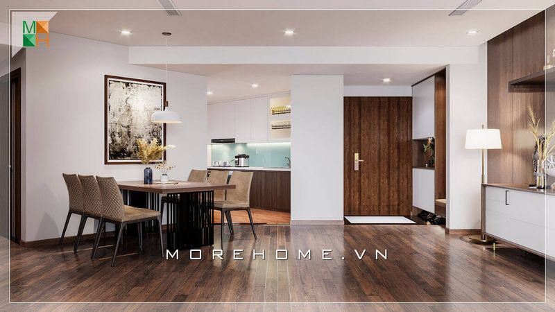 . KTS Morehome đã sáng tạo ra một phương án để tận dụng khoảng không gian trống giữa phòng khách và lối vào bằng cách đặt một bộ bàn ăn. Điều này sẽ giúp không gian trống trải và tạo nên một bố cục ấm áp cho ngôi nhà của bạn.